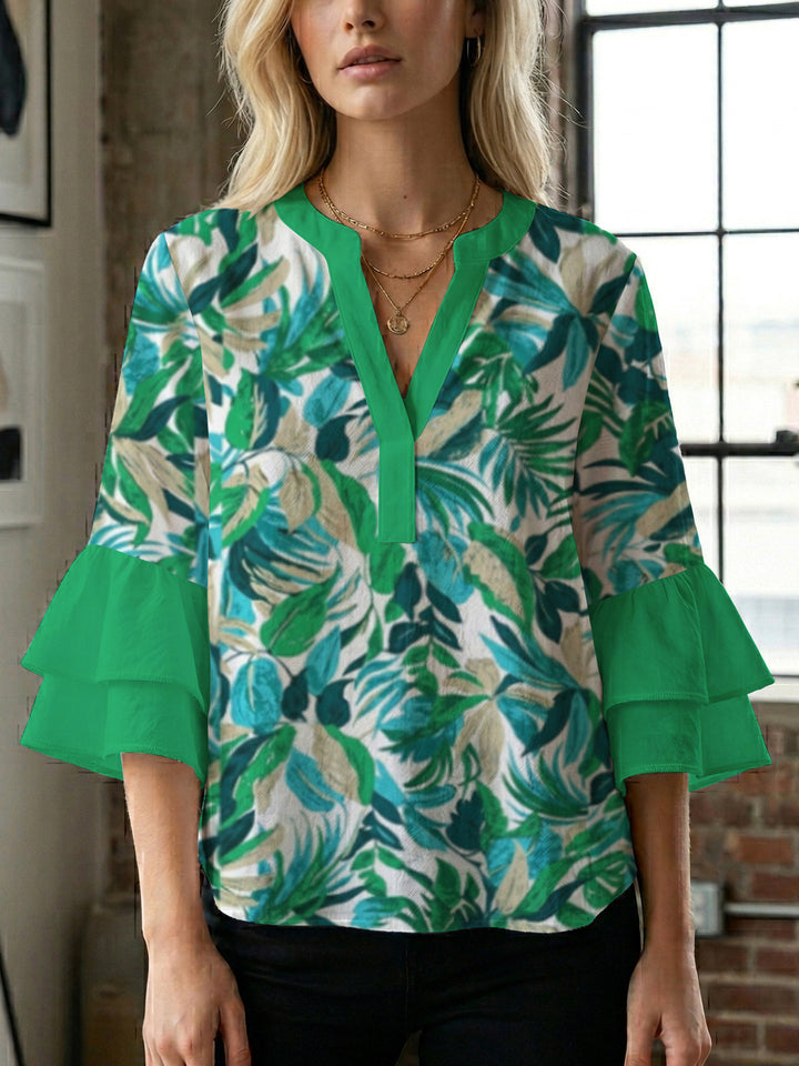 Damen Bluse mit voluminösen Rüschenärmeln und modernem Motiv Drune