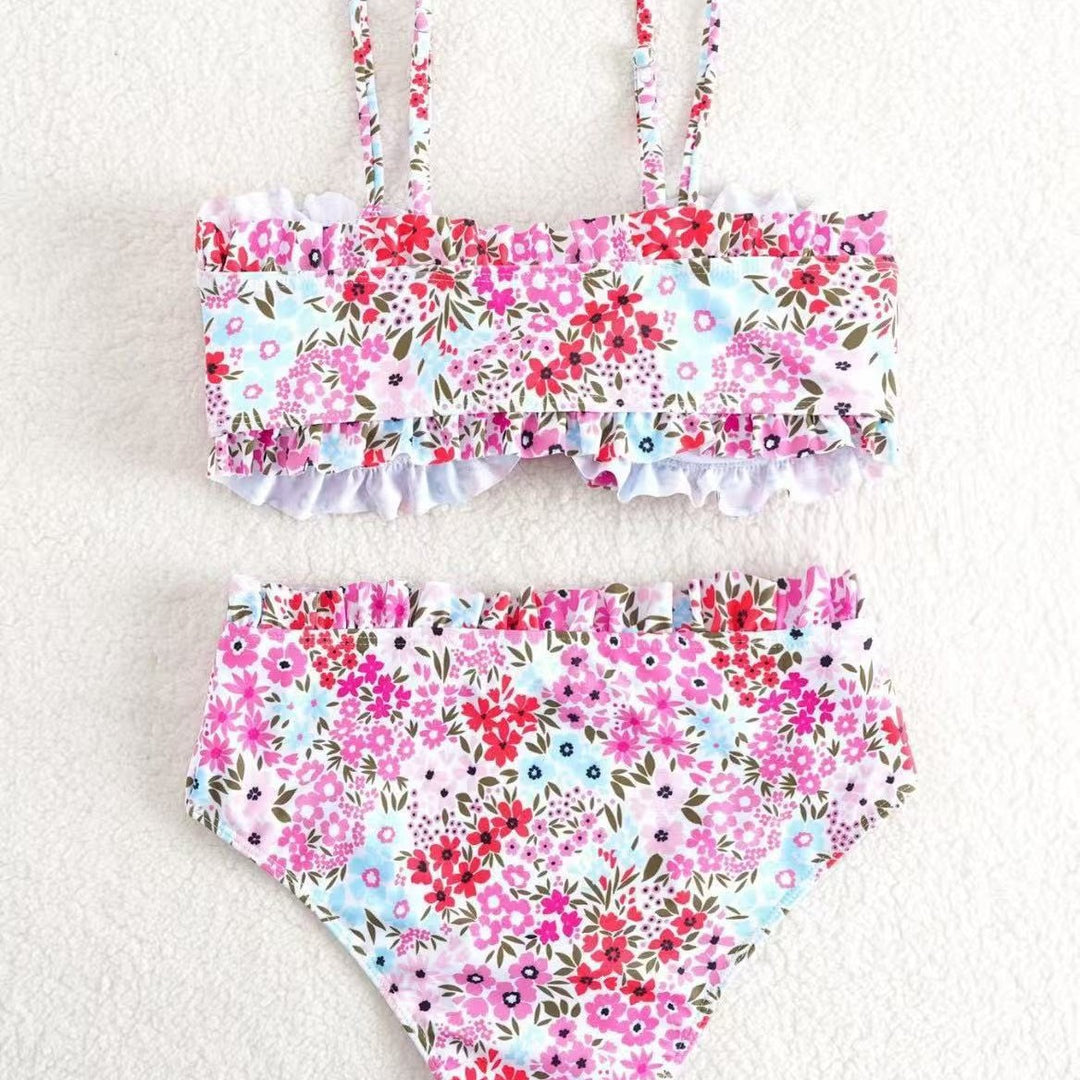 Damen Bikini-Set mit fröhlichem Blumenmuster und gerafftem Bustier Drune