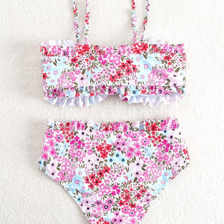 Damen Bikini-Set mit fröhlichem Blumenmuster und gerafftem Bustier Drune