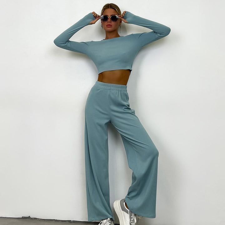 Damen nan eng anliegendes geripptes Cropped Longsleeve mit elastischer Highwaist-Loungehose Set Drune