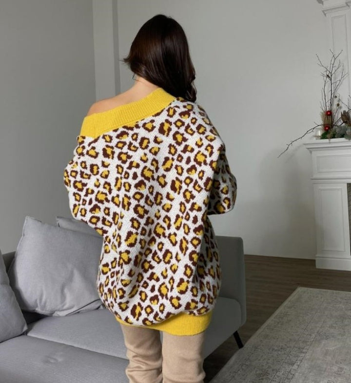 Damen Off-Shoulder Strickpullover im trendigen Leopardenmuster Drune