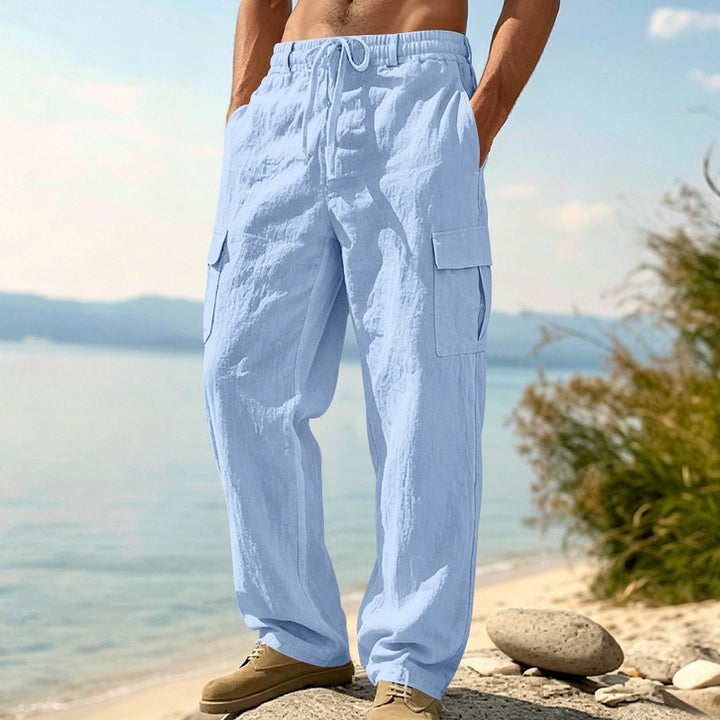 Herren nan entspannt geschnittene Strand-Cargohose aus Leinenblend mit elastischem Tunnelzug und zweifacher Klapptasche Drune