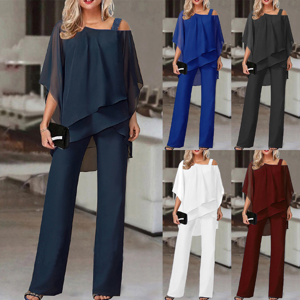 Damen Lagen Chiffon Overlay Hosenanzug Drune