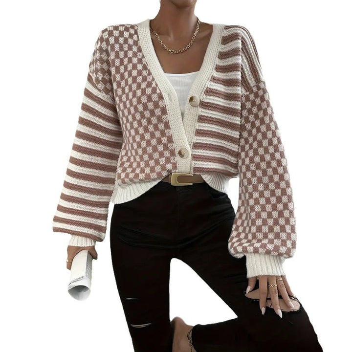 Damen Kuschelige Strickjacke mit kariertem Design und breiten Ärmeln Drune