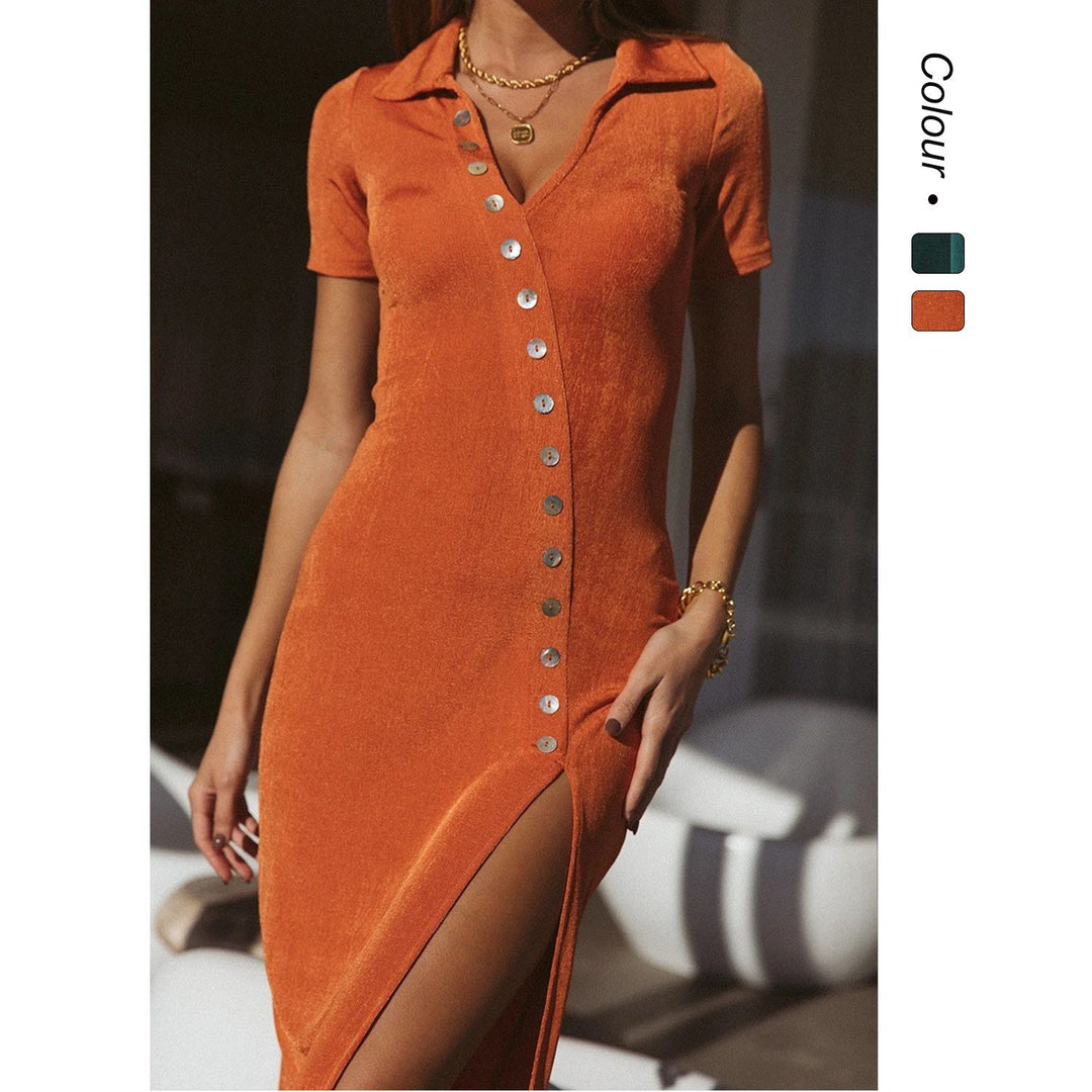 Damen Kleid mit raffiniertem V-Ausschnitt und Knopfdetails Drune