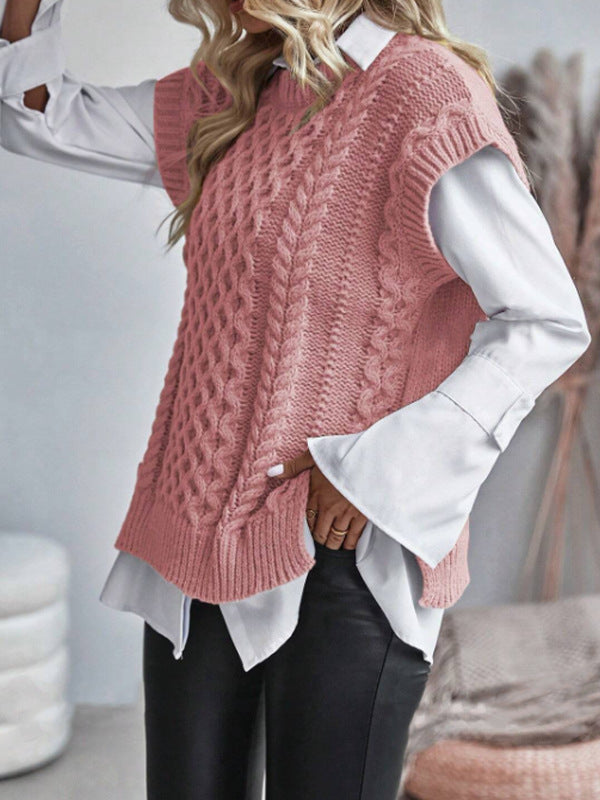 Damen Modischer Strickpullover mit luxuriösem Zopfmuster und ärmelloser Gestaltung Drune