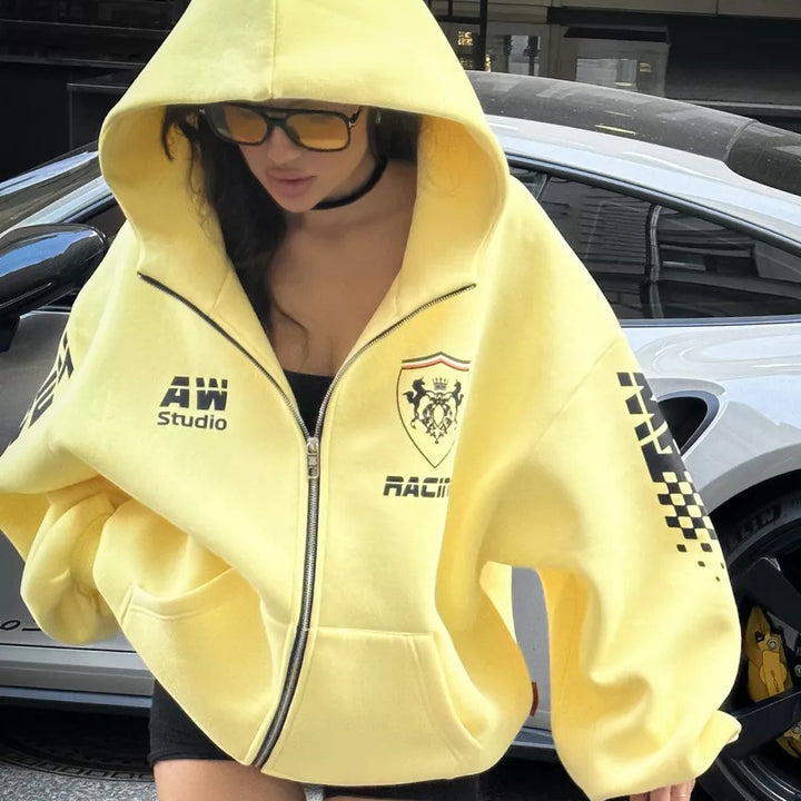 Damen oversized Kapuzenjacke mit grafischem Racing-Design Drune