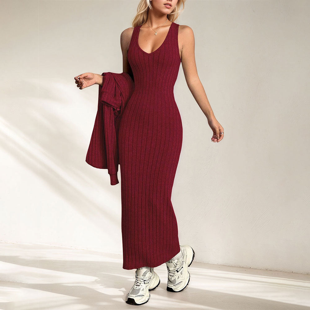 Damen Maxikleid aus hochwertigem Rippenstrick mit tiefem V-Ausschnitt und figurformendem Schnitt Drune