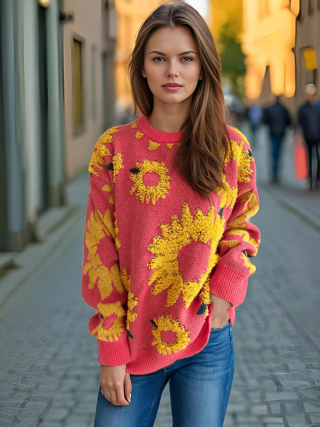 Damen Strickpullover mit floralem Design und Oversize-Schnitt Drune