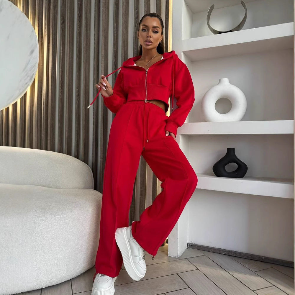 Damen Sportliches Zweiteiliges Set mit cropped Hoodie und weiten Jogginghosen aus elastischem Material Drune