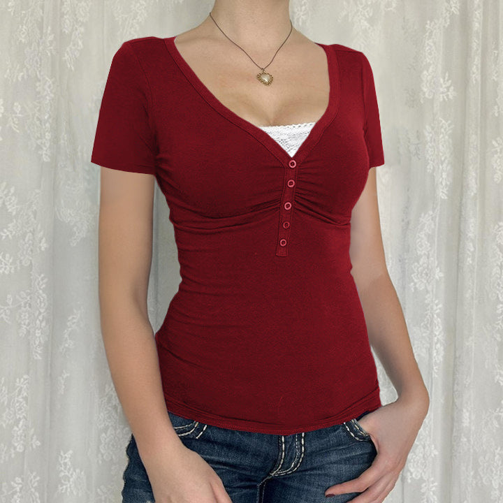 Damen figurbetontes Kurzarmshirt mit V-Ausschnitt Drune