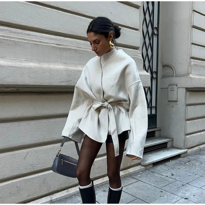 Damen trendige Wickeljacke aus weichem Stoff mit Gürtel und langen Ärmeln Drune