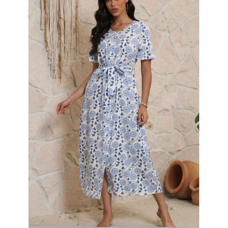 Damen Langarmmaxikleid mit floralem Design und elegantem Bindegürtel Drune