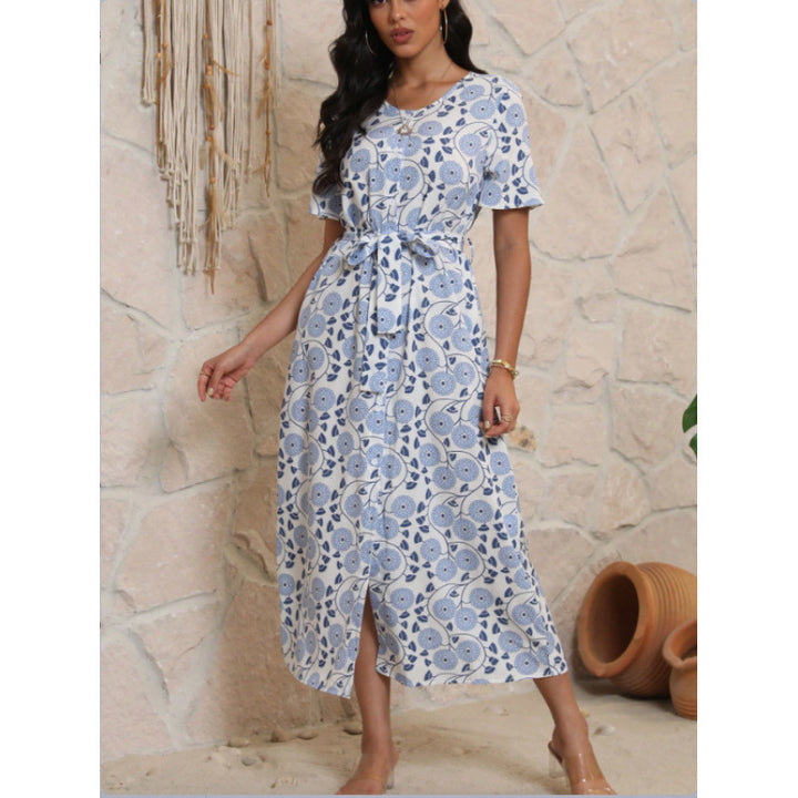 Damen Langarmmaxikleid mit floralem Design und elegantem Bindegürtel Drune