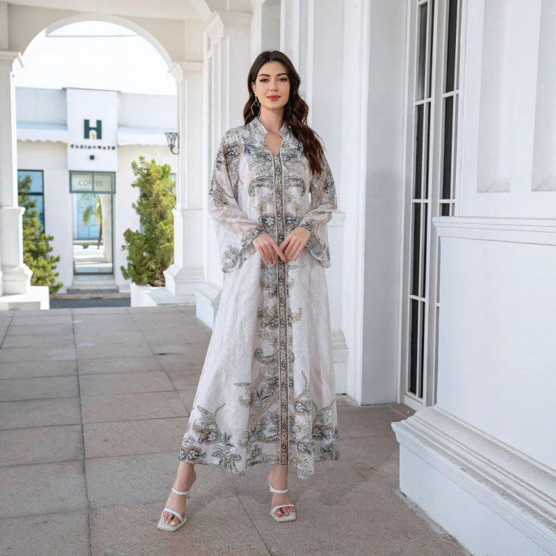 Damen Elegante Kaftan mit floralem Design und transparenten Ärmeln Drune