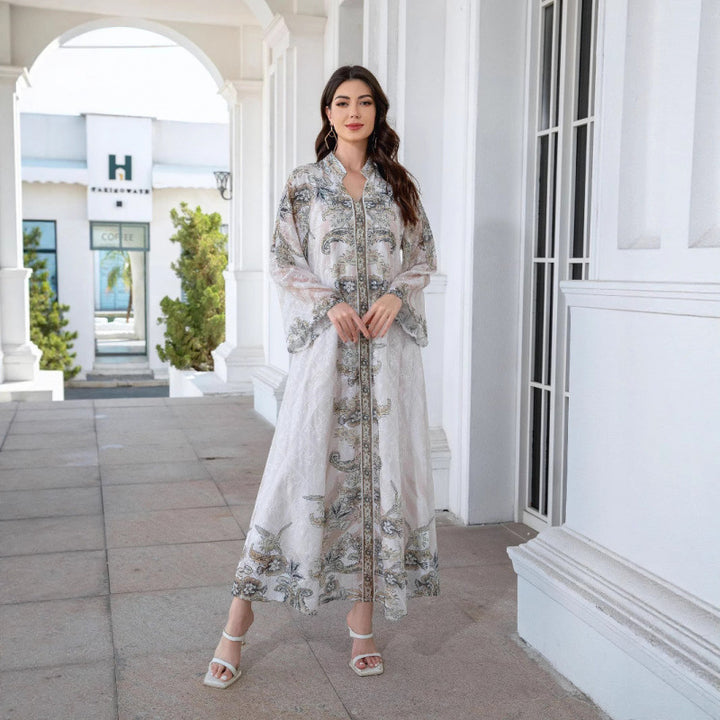 Damen Elegante Kaftan mit floralem Design und transparenten Ärmeln Drune