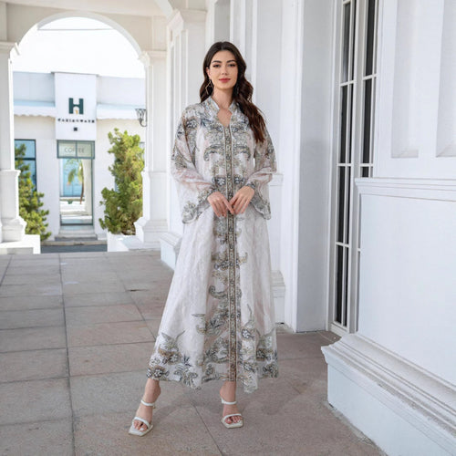 Damen Elegante Kaftan mit floralem Design und transparenten Ärmeln Drune