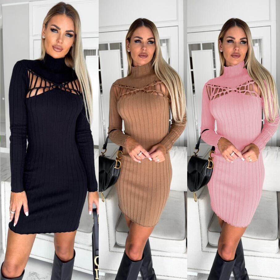 Damen figurbetontes Strickkleid mit markantem Ausschnitt Drune