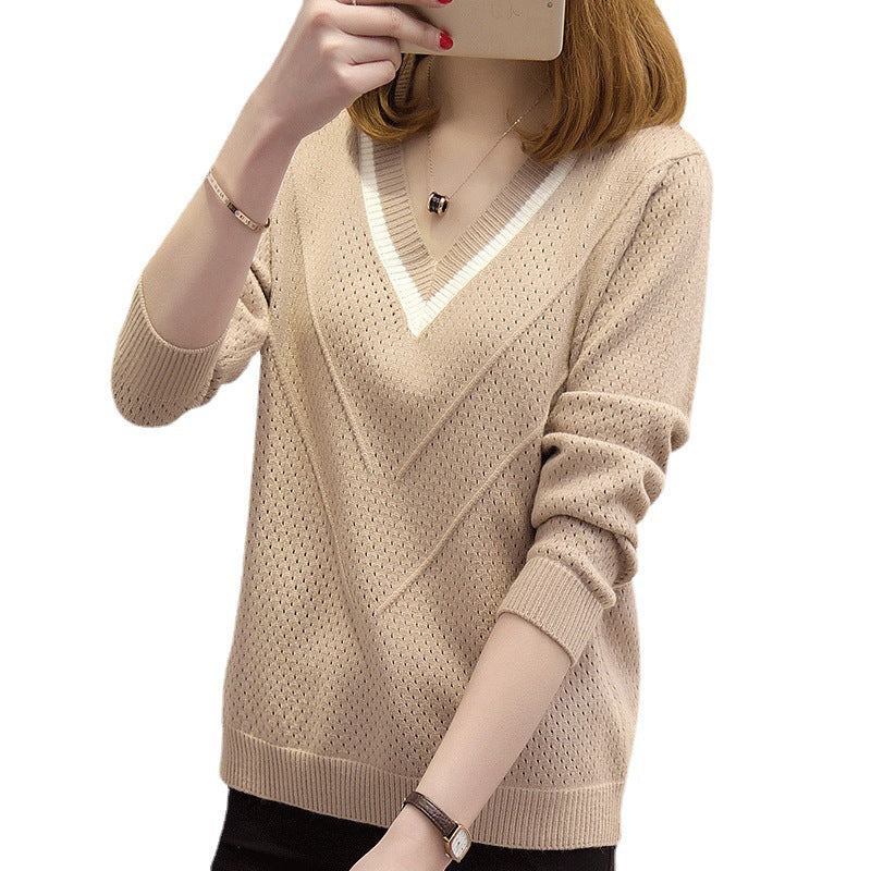 Damen Strickpullover mit modernem V-Ausschnitt und luftiger Häkelstruktur Drune