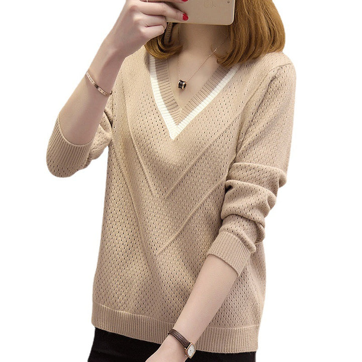 Damen Strickpullover mit modernem V-Ausschnitt und luftiger Häkelstruktur Drune