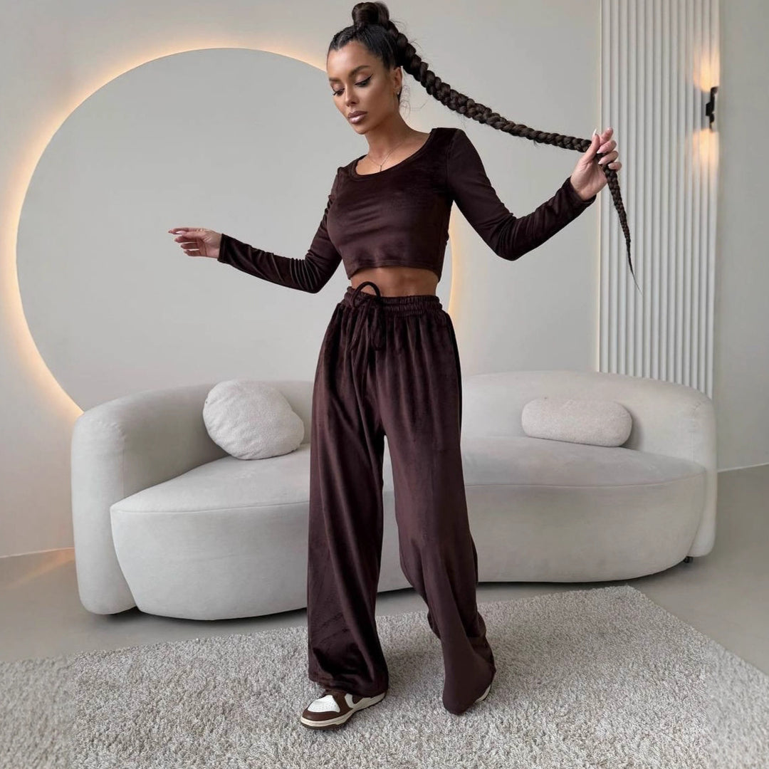 Damen Elegantes und bequemes Lounge-Set mit cropped Oberteil und weit geschnittenen Hosen Drune
