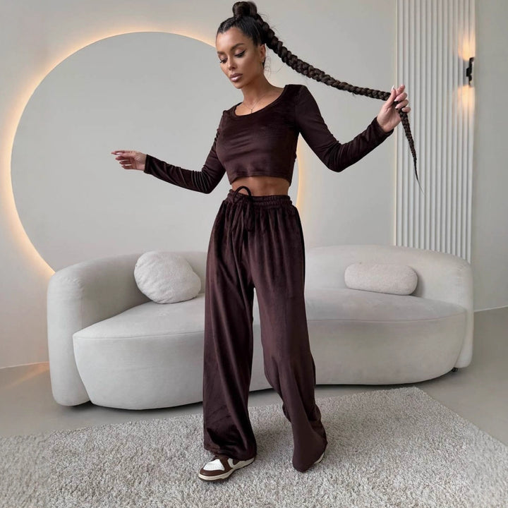 Damen Elegantes und bequemes Lounge-Set mit cropped Oberteil und weit geschnittenen Hosen Drune