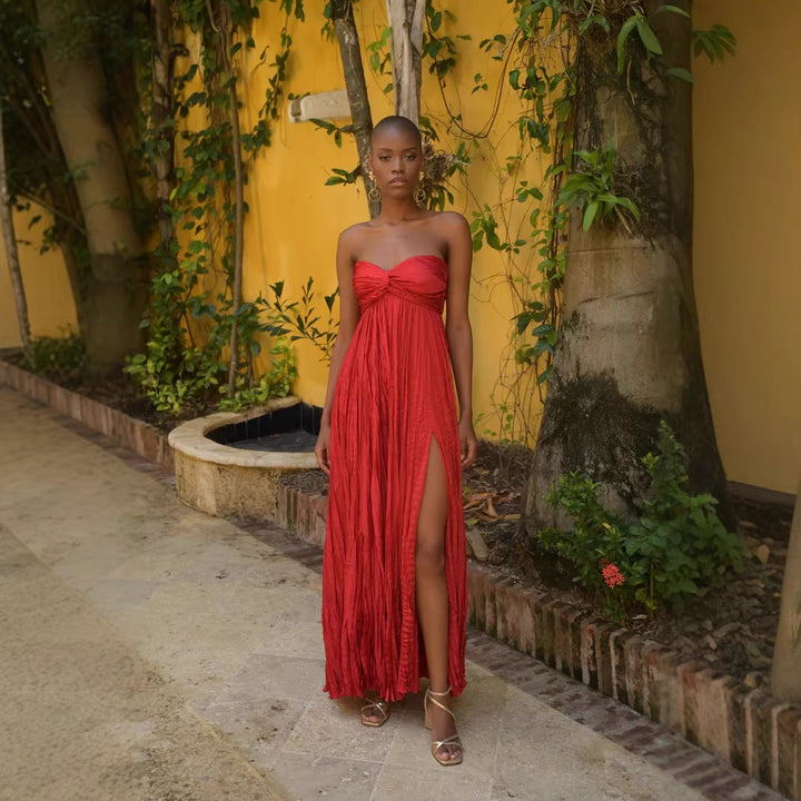 Damen Sommerliches Maxikleid mit Raffungen und schwingendem Rock Drune