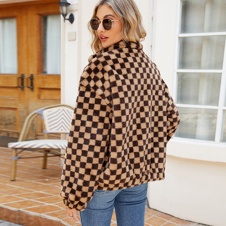 Damen Plüschjacke mit Karomuster und hohem Kragen Drune