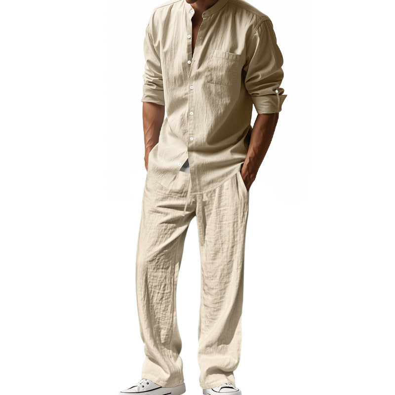 Herren entspannendes Leinen-Outfit im lässigen Design mit durchgehender Knopfleiste und praktischen Taschen Drune