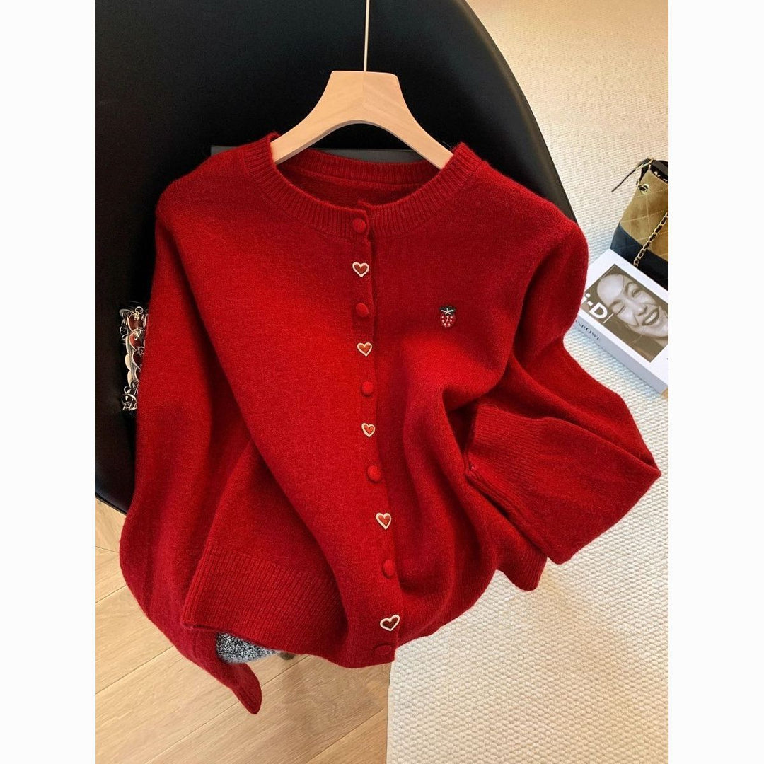 Damen kuschelige Strickjacke mit Herz- und Erdbeerenapplikationen Drune