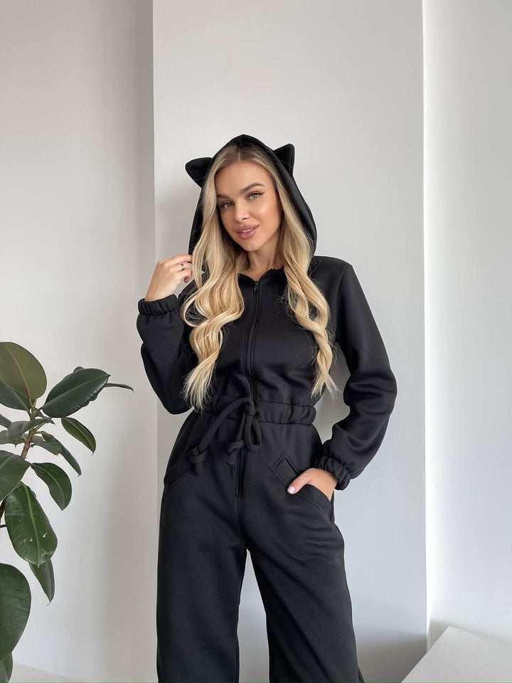 Damen Kuscheliger Jumpsuit mit Känguru-Taschen und Tierohren Drune