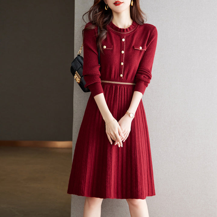 Damen Strickkleid mit eleganter Rückenansicht und hochgeschlossenem Kragen Drune