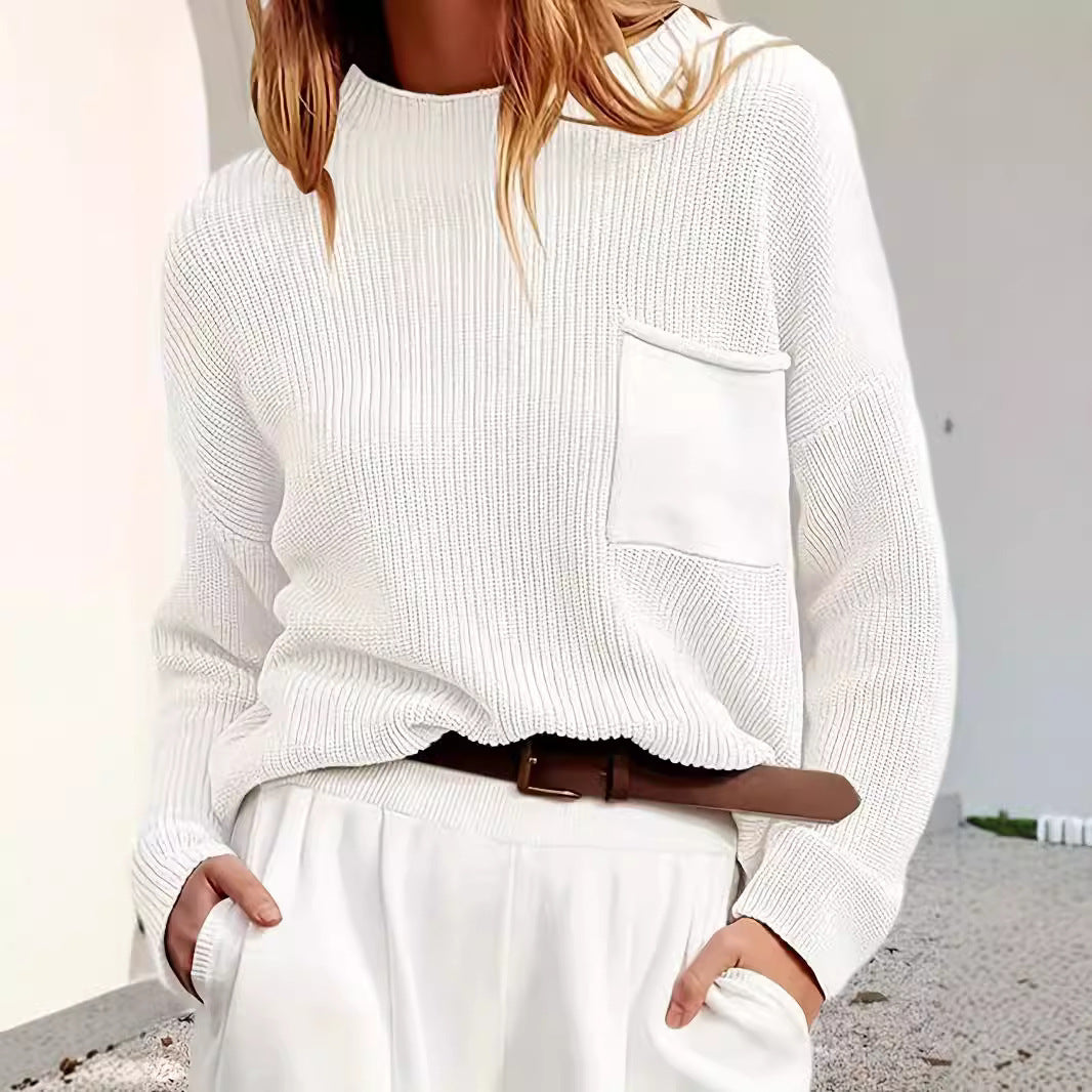 Damen Strickpullover mit hohem Kragen und Brusttasche Drune