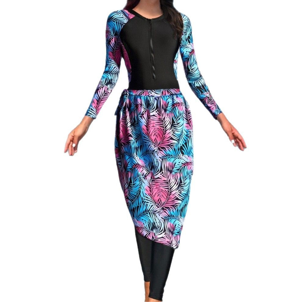 Damen Modischer UV-Schutz-Schwimmanzug mit langen Ärmeln und elegantem Rock Drune