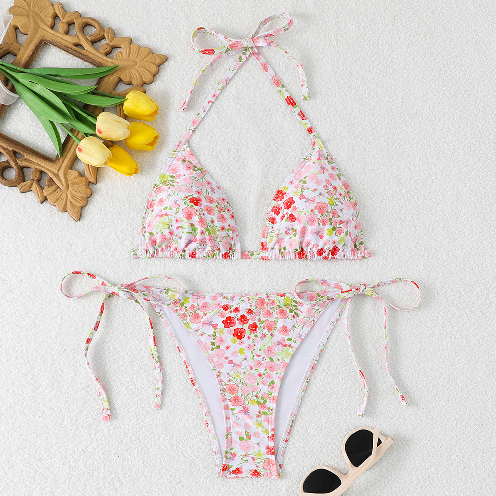 Damen Triangel-Bikini mit verstellbaren Bindebändern und floralen Details Drune