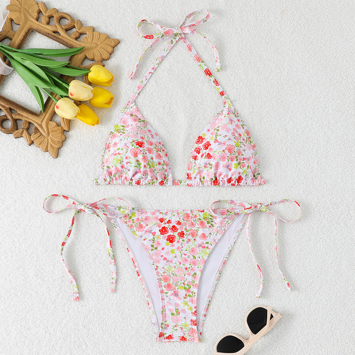 Damen Triangel-Bikini mit verstellbaren Bindebändern und floralen Details Drune