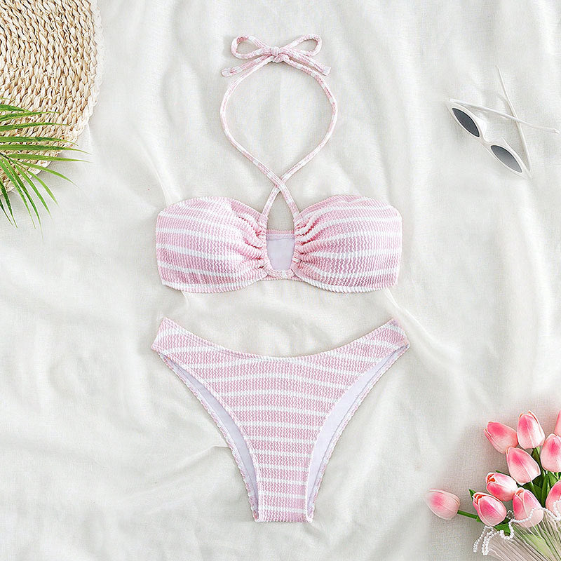 Damen Bandeau-Bikini mit zeitlosem Streifenmuster und eleganter Schnürung Drune