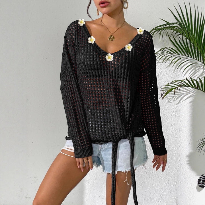 Damen luftiger Strickpullover mit floralem Dekor Drune