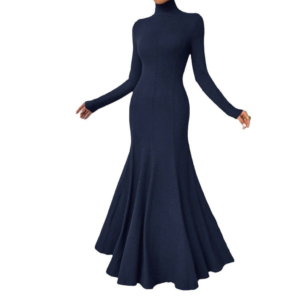Damen elegantes Langarm-Maxi-Kleid mit hohem Kragen und schwingendem Saum Drune