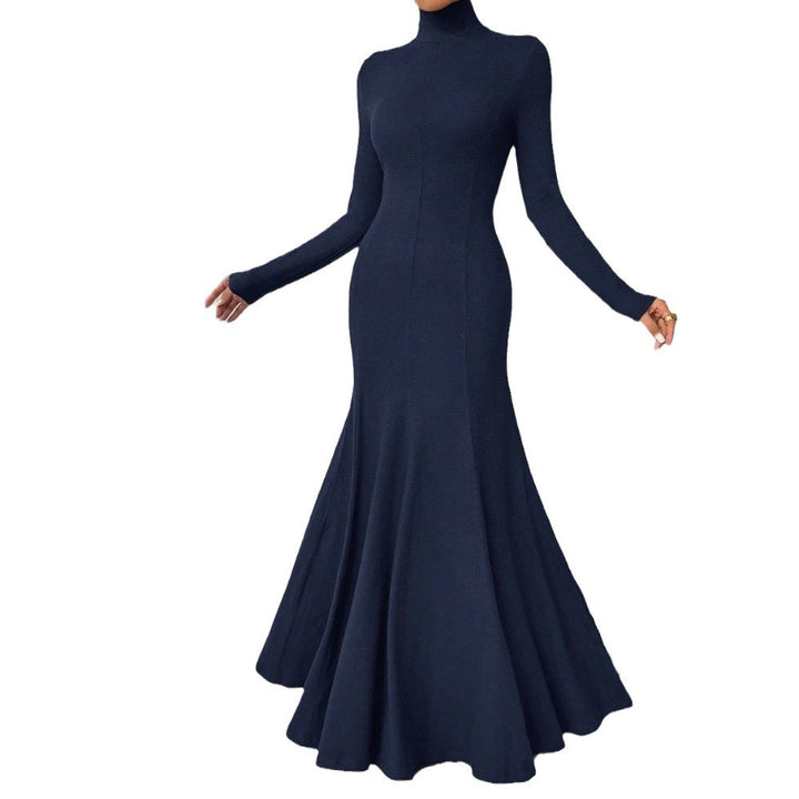 Damen elegantes Langarm-Maxi-Kleid mit hohem Kragen und schwingendem Saum Drune