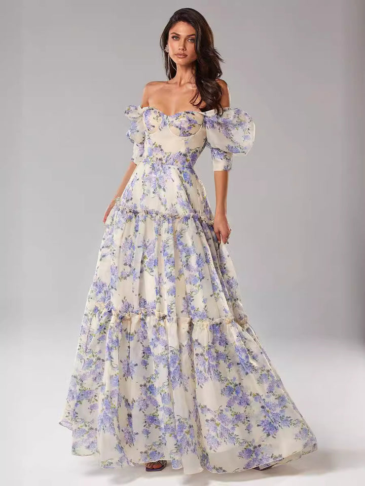 Damen Elegantes Maxikleid mit schulterfreien Rüschenärmeln und floralen Akzenten Drune