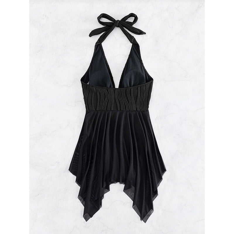 Damen Eleganter Wickel-Badeanzug mit tiefem V-Ausschnitt und Chiffonrock Drune