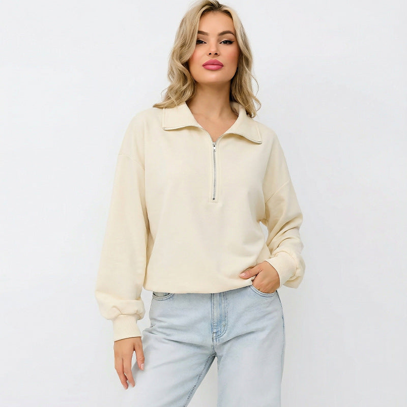 Damen lässiger Pullover mit halbem Reißverschluss und Gummizug Drune