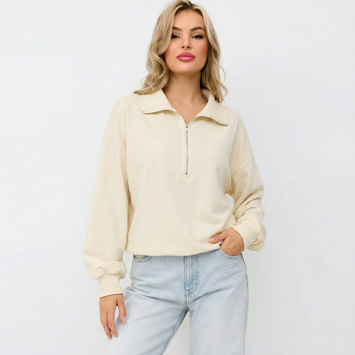 Damen lässiger Pullover mit halbem Reißverschluss und Gummizug Drune