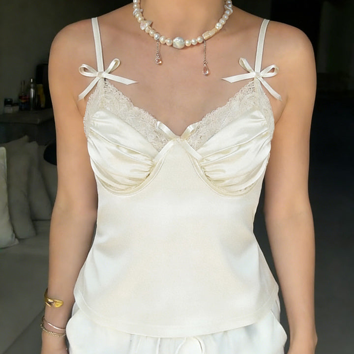 Damen Satin-Camisole mit Spitze und verspielten Schleifen Drune