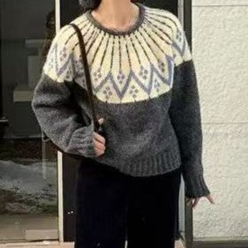 Damen Gemütlicher Strickpullover mit geometrischem Print und Rundhalsausschnitt Drune