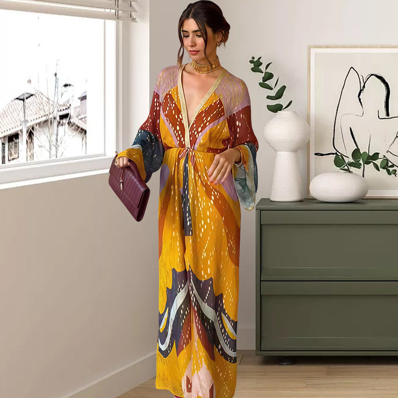 Damen Maxikleid mit buntem Print und modernen langen Ärmeln Drune