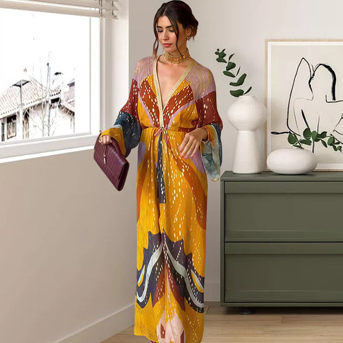 Damen Maxikleid mit buntem Print und modernen langen Ärmeln Drune