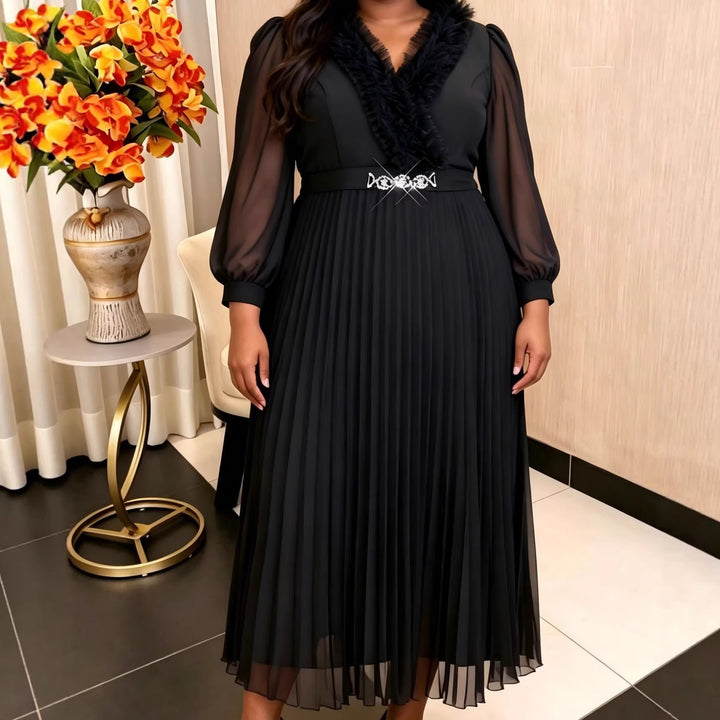 Damen Elegantes plissiertes Midi-Kleid mit Rüschendetails Drune