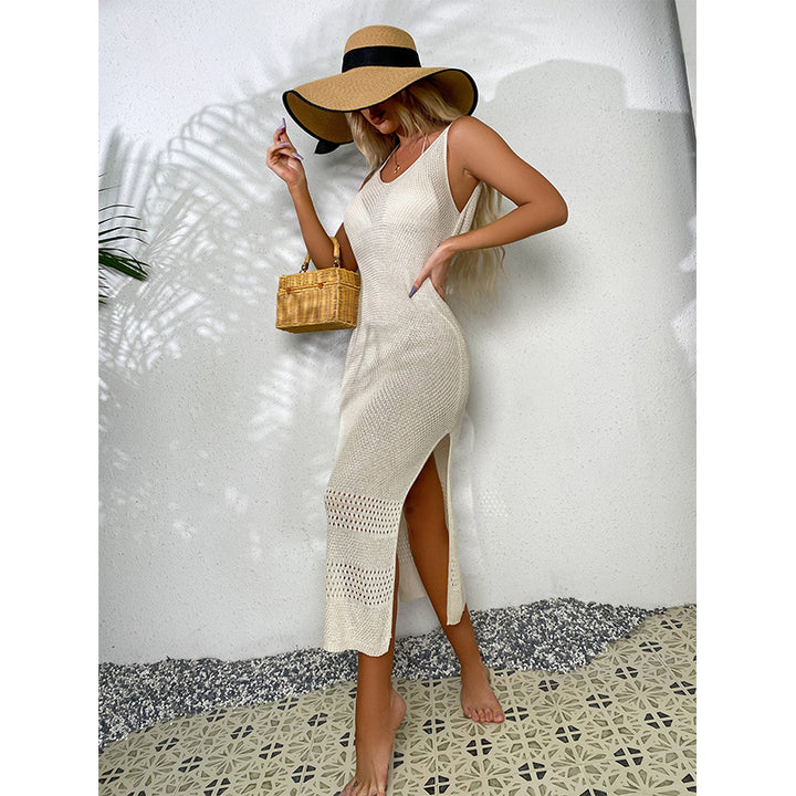 Damen Häkel-Midi-Kleid mit sexy seitlichen Schlitzen und raffiniertem Netzdesign Drune